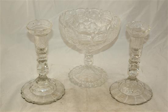Pair of facetted glass candlesticks, c.1790 and a Regency pedestal bowl(-)